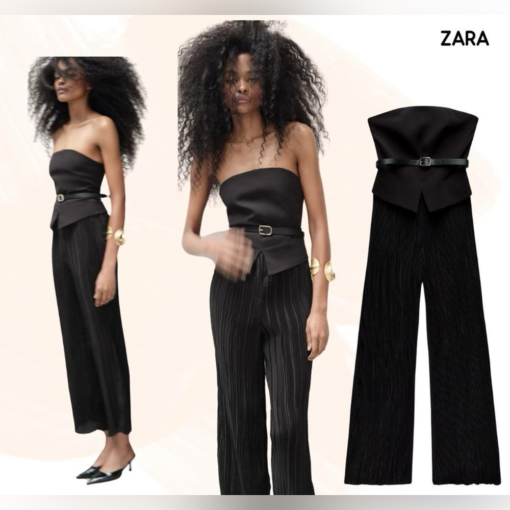 NWT Zara Black Belted Mixed Strapless Pleated Jumpsuit. Size S. - Picture 2 of 6